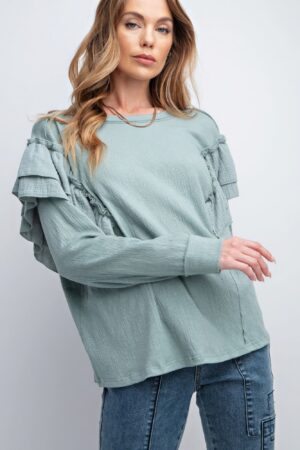 Double Ruffle Sleeve Top – Faded Blue