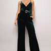 Velvet Jumpsuit with Rhinestone Belt – Hunter Green