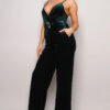 Velvet Jumpsuit with Rhinestone Belt – Hunter Green