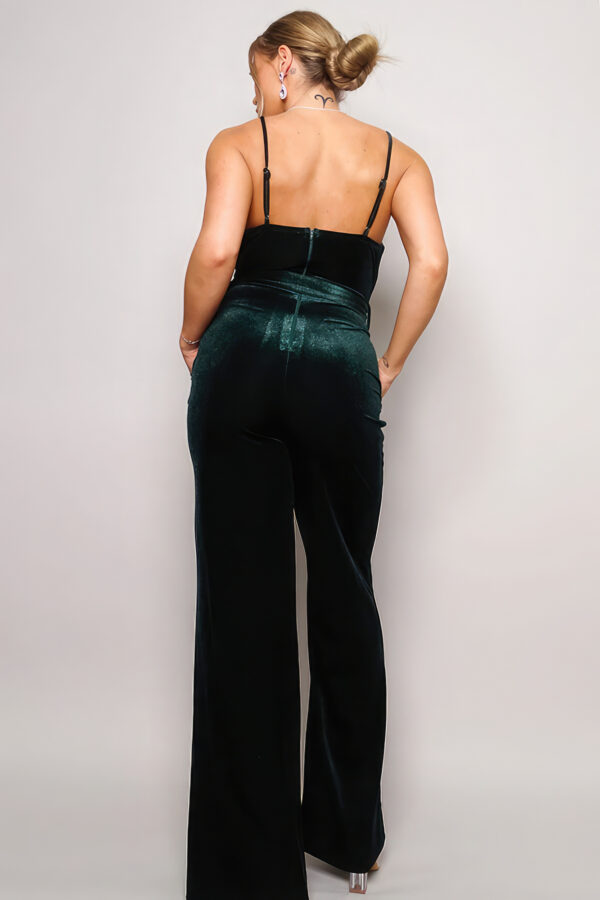 Velvet Jumpsuit with Rhinestone Belt – Hunter Green
