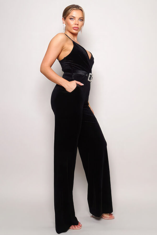 Samba Rhinestone-Buckle Velvet Jumpsuit – Black
