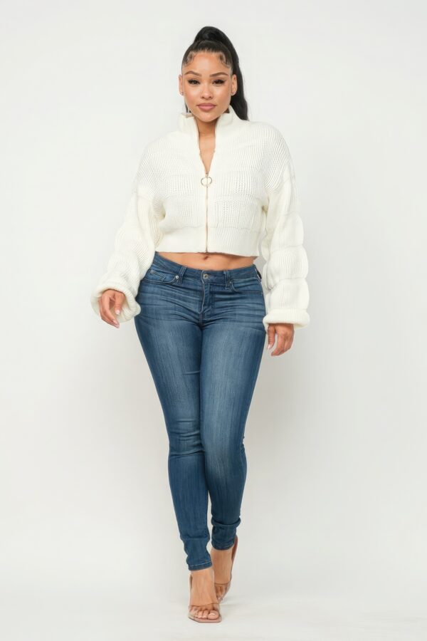 Cream Sweater Top with Front Zipper – Acrylic Blend