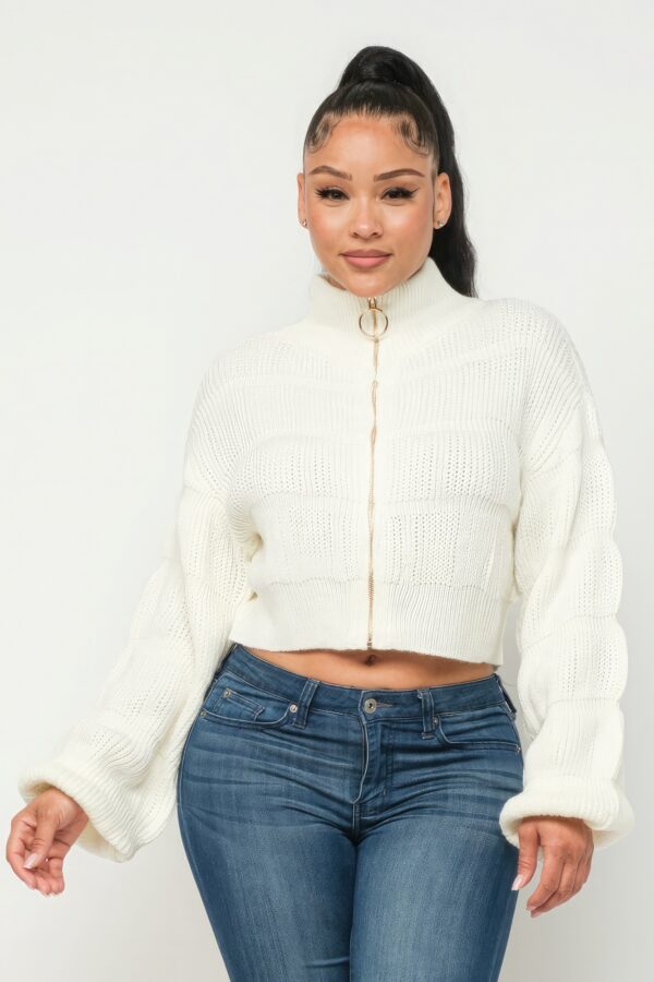 Cream Sweater Top with Front Zipper – Acrylic Blend
