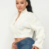 Cream Sweater Top with Front Zipper – Acrylic Blend