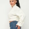 Cream Sweater Top with Front Zipper – Acrylic Blend
