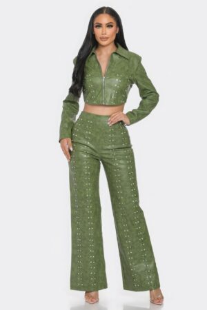 Faux Leather Set with Rhinestone Detail – Olive
