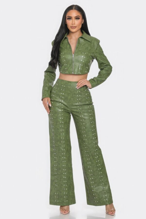 Faux Leather Set with Rhinestone Detail – Olive