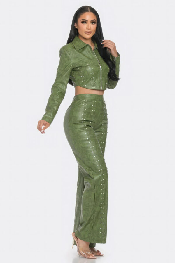 Faux Leather Set with Rhinestone Detail – Olive