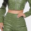 Faux Leather Set with Rhinestone Detail – Olive