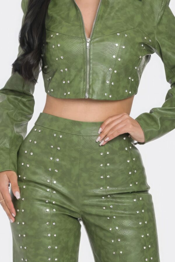 Faux Leather Set with Rhinestone Detail – Olive