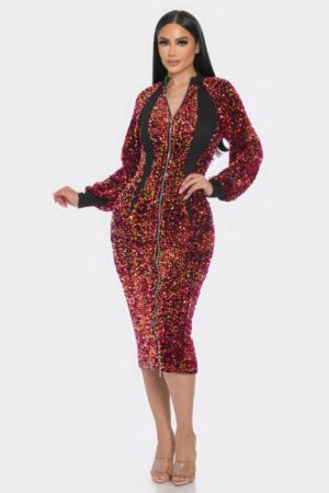 Midi Sequin Dress – 2-Way Zip, Contrast Trim