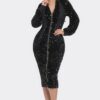 Midi Sequin Zip Dress – Contrast Trim (Black)