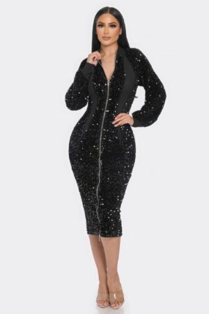 Midi Sequin Zip Dress – Contrast Trim (Black)