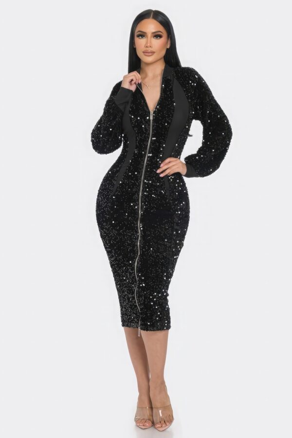 Midi Sequin Zip Dress – Contrast Trim (Black)