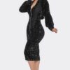 Midi Sequin Zip Dress – Contrast Trim (Black)