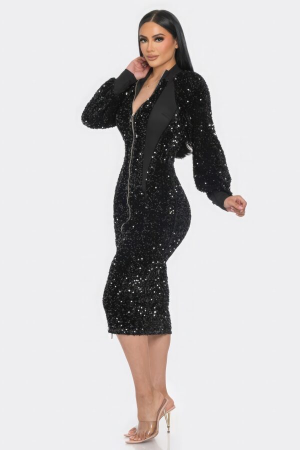 Midi Sequin Zip Dress – Contrast Trim (Black)