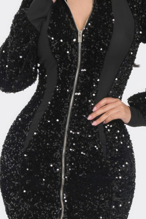 Midi Sequin Zip Dress – Contrast Trim (Black)