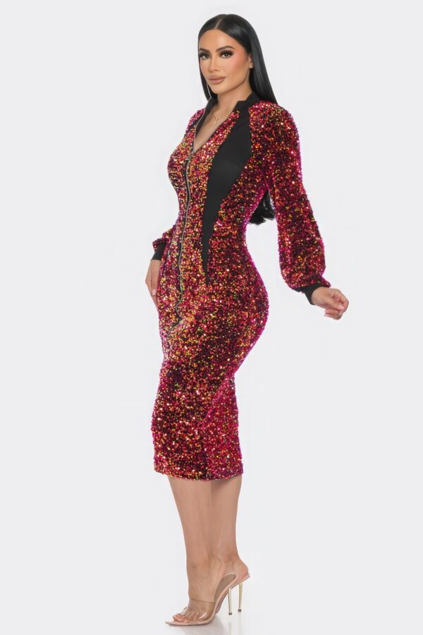 Midi Sequin Dress – 2-Way Zip, Contrast Trim