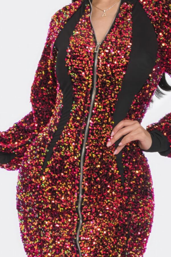 Midi Sequin Dress – 2-Way Zip, Contrast Trim