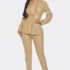 PU Leather Zipper Pant Set – Detachable Blazer, Beige