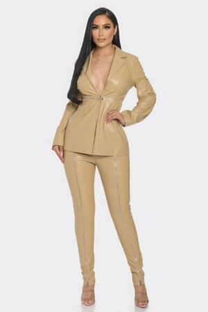 PU Leather Zipper Pant Set – Detachable Blazer, Beige