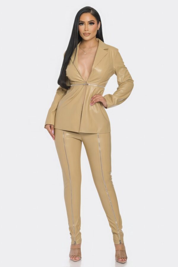 PU Leather Zipper Pant Set – Detachable Blazer, Beige