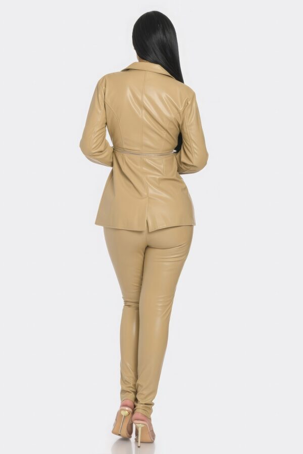 PU Leather Zipper Pant Set – Detachable Blazer, Beige