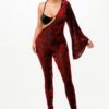 Velvet Flocking Jumpsuit with Bell Sleeves – Burgundy