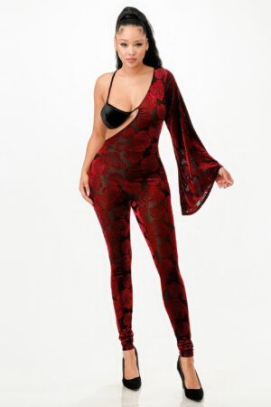 Velvet Flocking Jumpsuit with Bell Sleeves – Burgundy