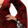 Velvet Flocking Jumpsuit with Bell Sleeves – Burgundy