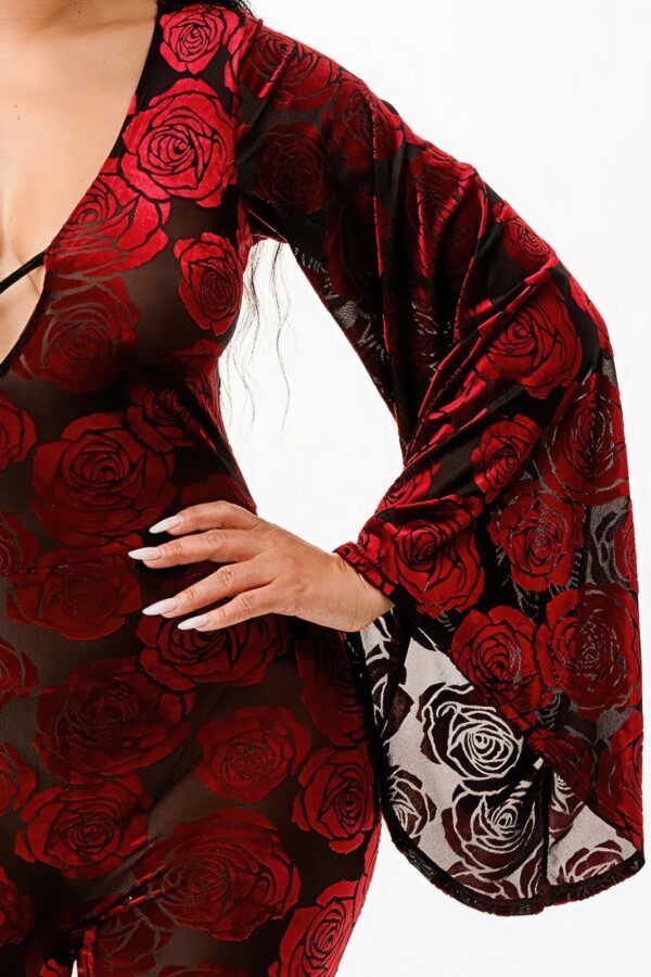 Velvet Flocking Jumpsuit with Bell Sleeves – Burgundy