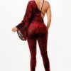 Velvet Flocking Jumpsuit with Bell Sleeves – Burgundy
