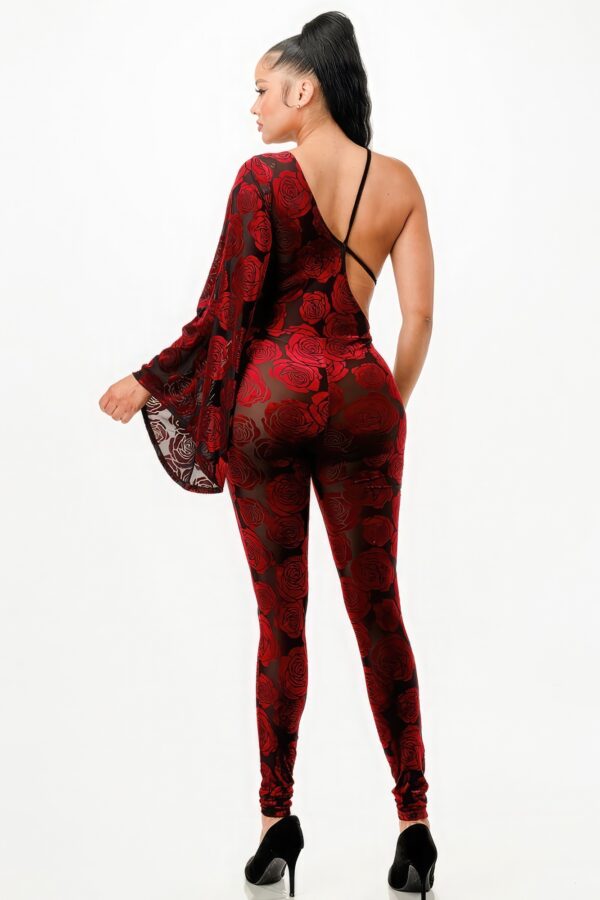 Velvet Flocking Jumpsuit with Bell Sleeves – Burgundy