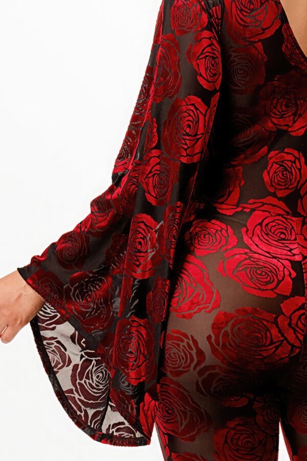 Velvet Flocking Jumpsuit with Bell Sleeves – Burgundy