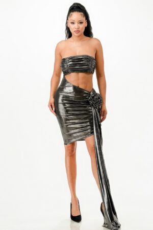 Strapless Metallic Foil Dress with Flower Detail – Silver