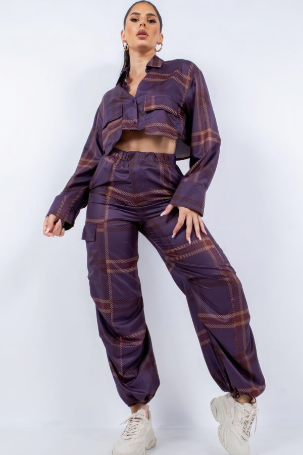 Cropped Shirt & Cargo Pants Set – Wide Cuffs, Plum