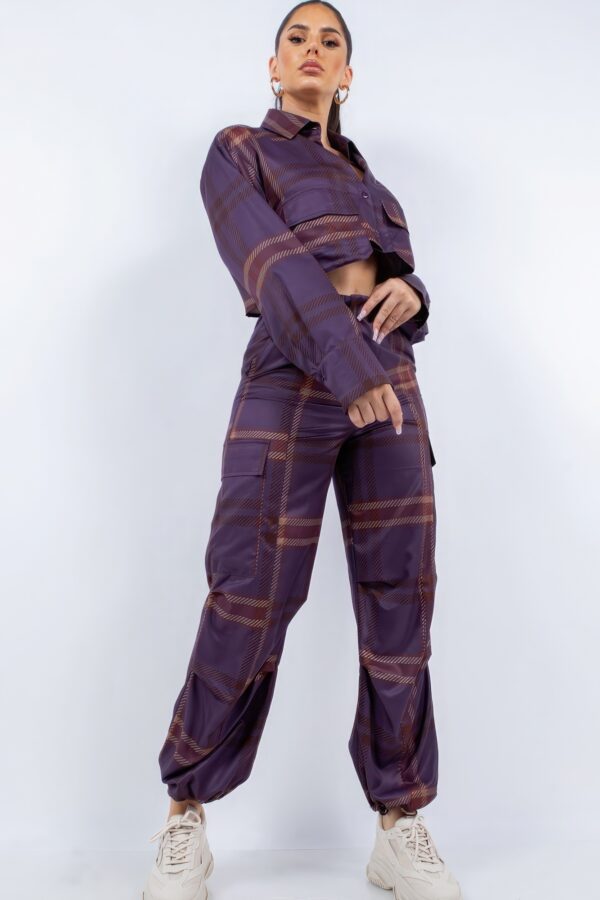 Cropped Shirt & Cargo Pants Set – Wide Cuffs, Plum