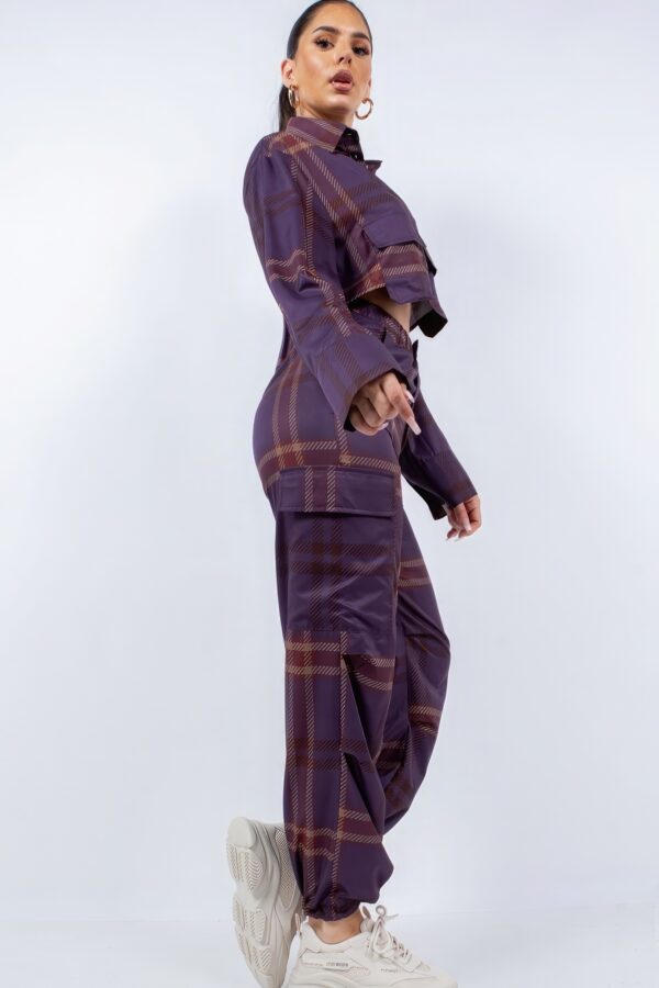 Cropped Shirt & Cargo Pants Set – Wide Cuffs, Plum