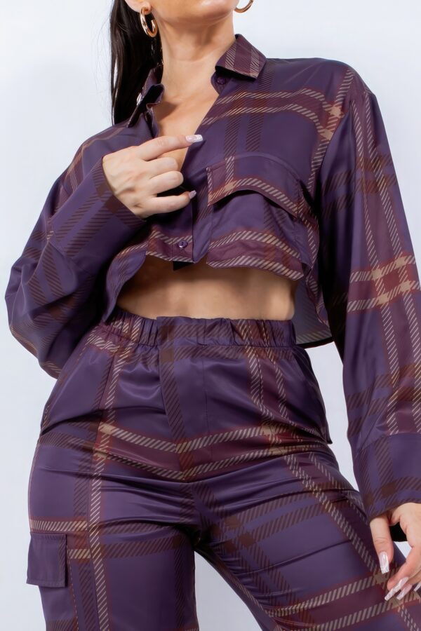 Cropped Shirt & Cargo Pants Set – Wide Cuffs, Plum