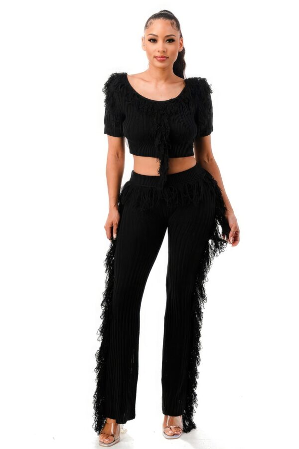 Fringe Crop Top & Cable Knit Pants Set – Black