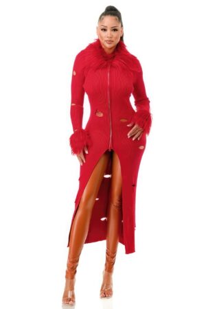 Collared Faux Fur Maxi Coat – Red