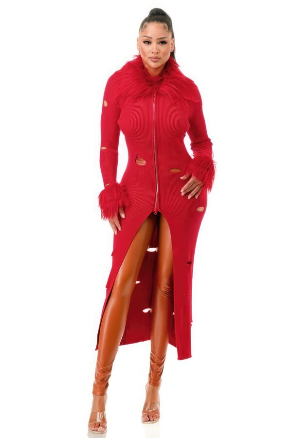 Collared Faux Fur Maxi Coat – Red
