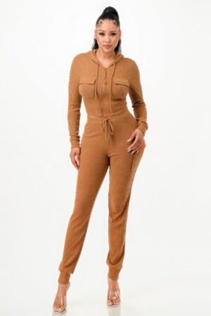 Rib Cargo Hoodie Set – Zip Hoodie & Cargo Pants, Brown