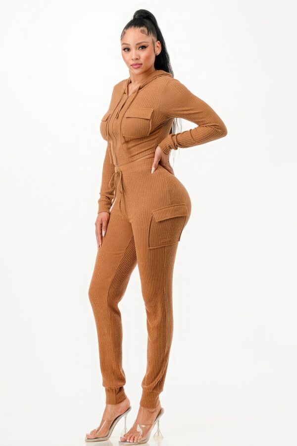 Rib Cargo Hoodie Set – Zip Hoodie & Cargo Pants, Brown
