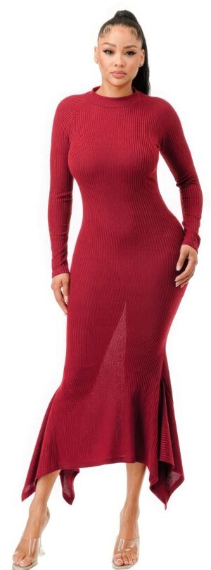 Faux Wool Long-Sleeve Dress – High Neck, Dark Red