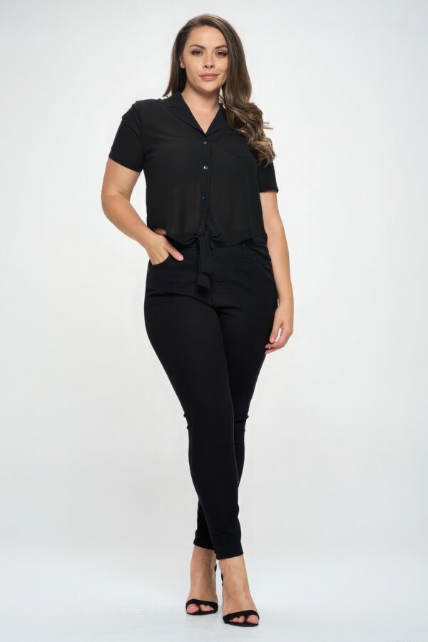 Plus Chiffon Button-Front Tie Top – Black