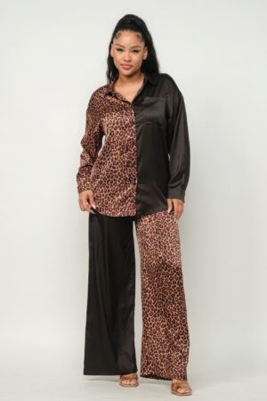 Satin Half-Animal Print Top & Wide-Leg Pants Set