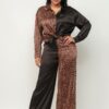 Satin Half-Animal Print Top & Wide-Leg Pants Set