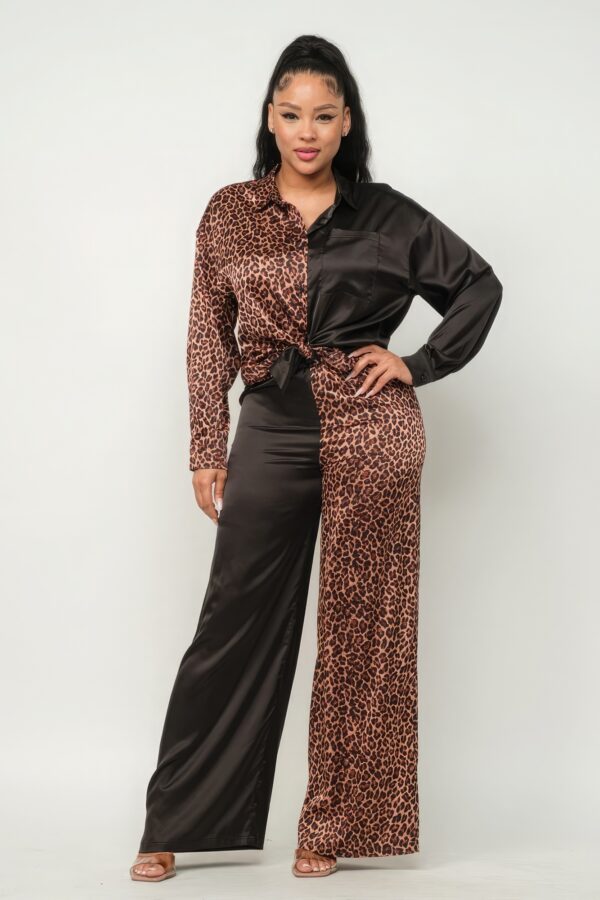 Satin Half-Animal Print Top & Wide-Leg Pants Set