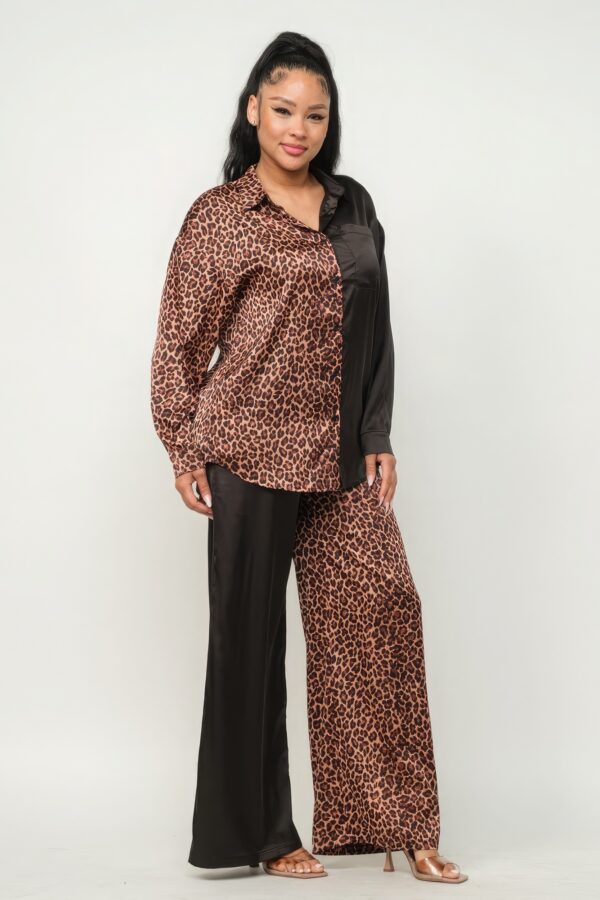 Satin Half-Animal Print Top & Wide-Leg Pants Set